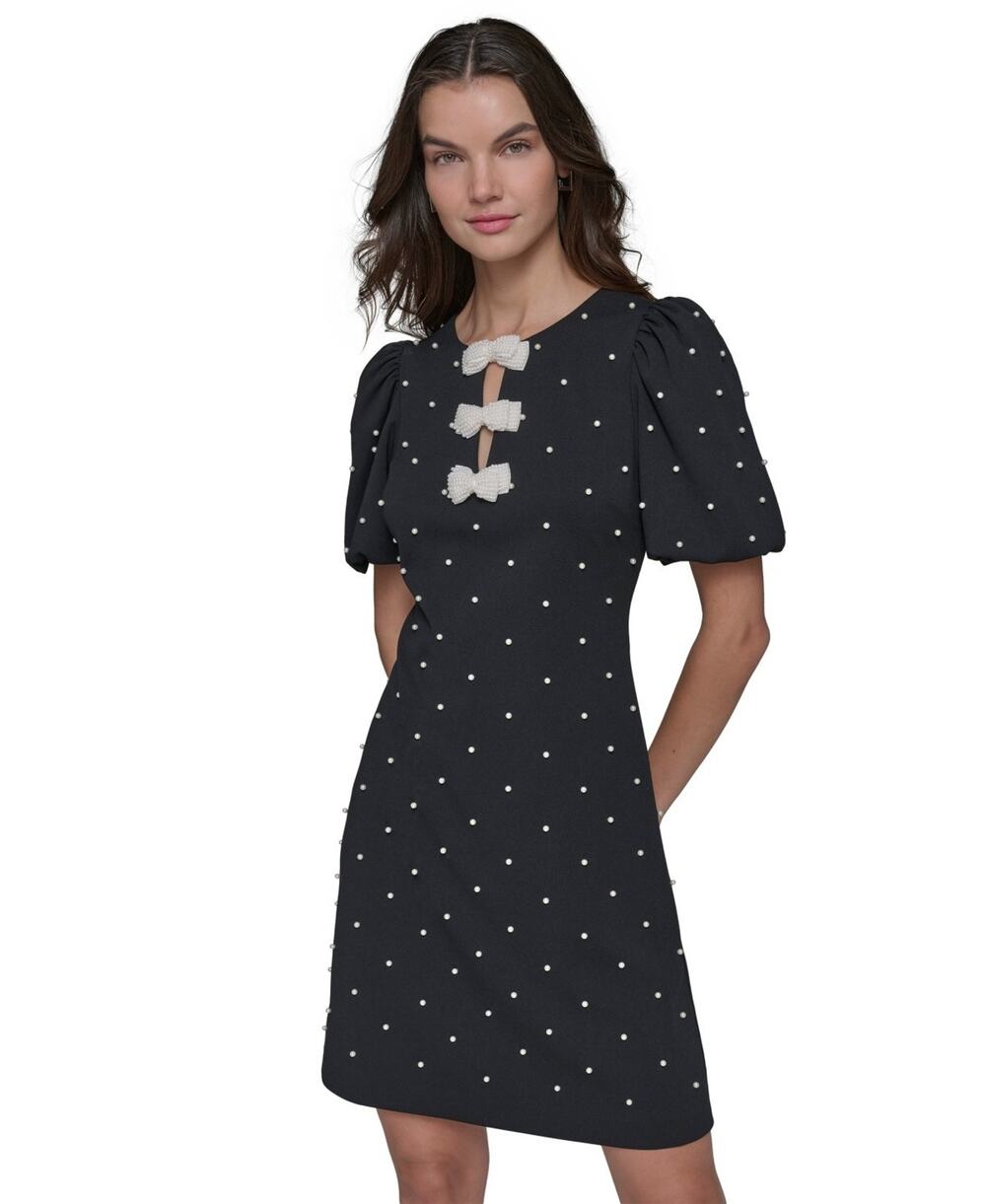 KARL LAGERFELD PARIS Scuba Crepe Neckline Pearl Bow Details Size 2 1153